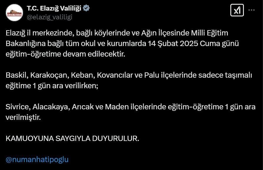 Elazığ’da Yoğun Kar Nedeniyle 4 İlçede Okullar Tatil, 5 İlçede Taşımalı Eğitime Ara Verildi Elazığ'da etkili kar yağışı sebebiyle 14 Şubat 2025'te 4 ilçede