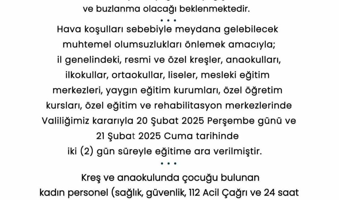 Sakarya’da Yoğun Kar Yağışı Nedeniyle Okullar İki Gün Kapalı Kalacak Sakarya'da beklenen yoğun kar yağışı nedeniyle, 20-21 Şubat 2025 tarihleri